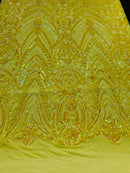 Fish Net Damask Sequins - Yellow - 4 Way Stretch Shiny Fashion Sequins By Yard