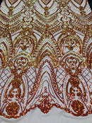 Fish Net Damask Sequins - Orange Nude Mesh - 4 Way Stretch Shiny Fashion Sequins By Yard