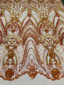 Fish Net Damask Sequins - Orange Nude Mesh - 4 Way Stretch Shiny Fashion Sequins By Yard