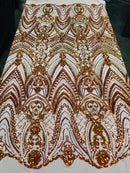 Fish Net Damask Sequins - Orange Nude Mesh - 4 Way Stretch Shiny Fashion Sequins By Yard