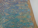 Fish Net Damask Sequins - Aqua - 4 Way Stretch Shiny Fashion Sequins By Yard