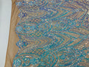 Fish Net Damask Sequins - Aqua - 4 Way Stretch Shiny Fashion Sequins By Yard