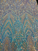 Fish Net Damask Sequins - Aqua - 4 Way Stretch Shiny Fashion Sequins By Yard