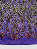 Fish Net Damask Sequins - Magenta - 4 Way Stretch Shiny Fashion Sequins By Yard