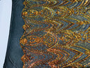 Fish Net Damask Sequins - Orange Black Mesh - 4 Way Stretch Shiny Fashion Sequins By Yard