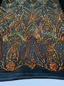 Fish Net Damask Sequins - Orange Black Mesh - 4 Way Stretch Shiny Fashion Sequins By Yard