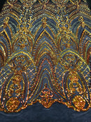 Fish Net Damask Sequins - Orange Black Mesh - 4 Way Stretch Shiny Fashion Sequins By Yard