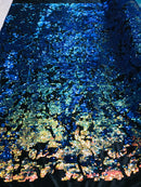 Reversible Velvet Sequins - Iridescent Blue Rainbow  2 Way Stretch Shiny Sequins Fabric Black Velvet