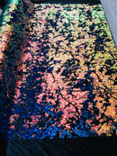 Reversible Velvet Sequins - Iridescent Blue Rainbow  2 Way Stretch Shiny Sequins Fabric Black Velvet