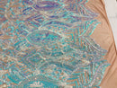 Luxury Feather Sequins - Iridescent Aqua - 4 Way Stretch Glamorous Fringe Feather Sequins Fabric