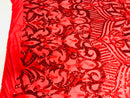 Luxury Feather Sequins - Red - 4 Way Stretch Glamorous Shine Fringe Feather Sequins Fabric