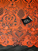 Glam Pattern Sequins - Neon Orange - 4 Way Stretch Colorful Designer Net Sequins Fabrics
