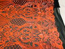 Glam Pattern Sequins - Neon Orange - 4 Way Stretch Colorful Designer Net Sequins Fabrics
