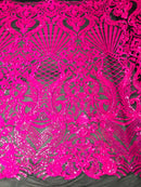 Glam Pattern Sequins - Neon Pink - 4 Way Stretch Colorful Designer Net Sequins Fabrics