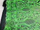 Glam Pattern Sequins - Neon Green - 4 Way Stretch Colorful Designer Net Sequins Fabrics