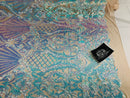 Glam Pattern Sequins - Iridescent Aqua - 4 Way Stretch Colorful Designer Net Sequins Fabrics