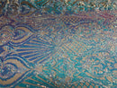 Glam Pattern Sequins - Iridescent Aqua - 4 Way Stretch Colorful Designer Net Sequins Fabrics