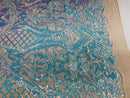 Glam Pattern Sequins - Iridescent Aqua - 4 Way Stretch Colorful Designer Net Sequins Fabrics