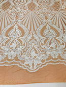 Glam Pattern Sequins - Nude White Mesh - 4 Way Stretch Colorful Designer Net Sequins Fabrics