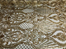 Glam Pattern Sequins - Gold - 4 Way Stretch Colorful Designer Net Sequins Fabrics