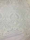 Glam Pattern Sequins - White White - 4 Way Stretch Colorful Designer Net Sequins Fabrics