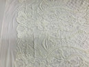 Glam Pattern Sequins - White White - 4 Way Stretch Colorful Designer Net Sequins Fabrics