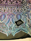 Iridescent Fabric - Iridescent Aqua Black Mesh - 4 Way Stretch Royalty Sequins Holographic Sequins Fabric