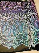 Iridescent Fabric - Iridescent Aqua Black Mesh - 4 Way Stretch Royalty Sequins Holographic Sequins Fabric