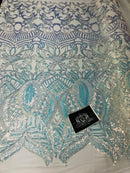 Iridescent Fabric - Iridescent Clear Aqua White Mesh - 4 Way Stretch Sequins Holographic Fabric