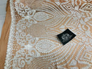 Geometric Pattern Sequins - White Nude Mesh - 4 Way Stretch Colorful Shine Designer Sequins