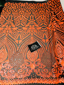 Geometric Pattern Sequins - Neon Orange - 4 Way Stretch Colorful Shine Designer Sequins