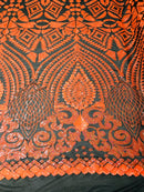 Geometric Pattern Sequins - Neon Orange - 4 Way Stretch Colorful Shine Designer Sequins