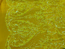 Heart Damask Sequins - Iridescent Yellow - 4 Way Stretch Bright Elegant Shiny Net Sequins Fabric