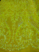 Heart Damask Sequins - Iridescent Yellow - 4 Way Stretch Bright Elegant Shiny Net Sequins Fabric