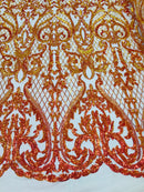 Heart Damask Sequins - Iridescent Orange - 4 Way Stretch Bright Elegant Shiny Net Sequins Fabric