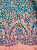 Heart Damask Sequins - Turquoise Magenta Mesh 4 Way Stretch Bright Elegant Shiny Net Sequins Fabric