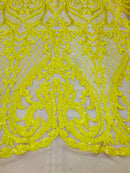 Heart Damask Sequins - Yellow Nude Mesh 4 Way Stretch Bright Elegant Shiny Net Sequins Fabric