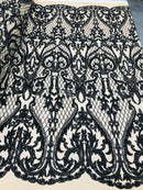 Heart Damask Sequins - Black Nude Mesh - 4 Way Stretch Bright Elegant Shiny Net Sequins Fabric