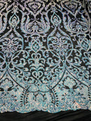 Heart Damask Sequins - Unicorn Black Mesh - 4 Way Stretch Bright Elegant Shiny Net Sequins Fabric