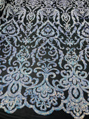 Heart Damask Sequins - Unicorn Black Mesh - 4 Way Stretch Bright Elegant Shiny Net Sequins Fabric