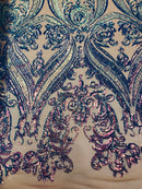 Big Damask Sequins Fabric - Iridescent Lavender - 4 Way Stretch Damask Sequins Design Fabric By Yard