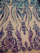 Big Damask Sequins Fabric - Iridescent Lavender - 4 Way Stretch Damask Sequins Design Fabric By Yard