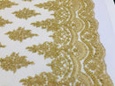 Gold - Hand Beaded Embroidered Flower Pattern Bridal Wedding Lace Fabric Sample