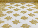 Gold - Hand Beaded Embroidered Flower Pattern Bridal Wedding Lace Fabric Sample