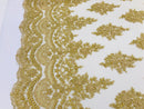 Gold - Hand Beaded Embroidered Flower Pattern Bridal Wedding Lace Fabric Sold by The Yard