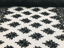 Black - Hand Beaded Embroidered Flower Pattern Bridal Wedding Lace Fabric Sold by The Yard