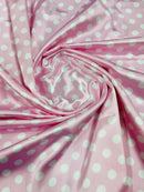 Polka Dot Satin Fabric - White on Pink - 3/4" Inch Super Soft Silky Satin Polka Dot Fabric Sold By Yard