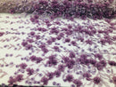 Flower 3D Fabric - Lilac - Embroided Fabric Flower Pearls and Leaf Decor Sold by The Yard