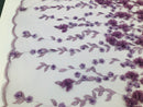 Flower 3D Fabric - Lilac - Embroided Fabric Flower Pearls and Leaf Decor Sold by The Yard