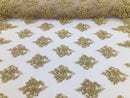 Beaded Fabric By The Yard CHAMPAGNE Embroidered Pattern Beaded On A Mesh For Bridal Veil Wedding